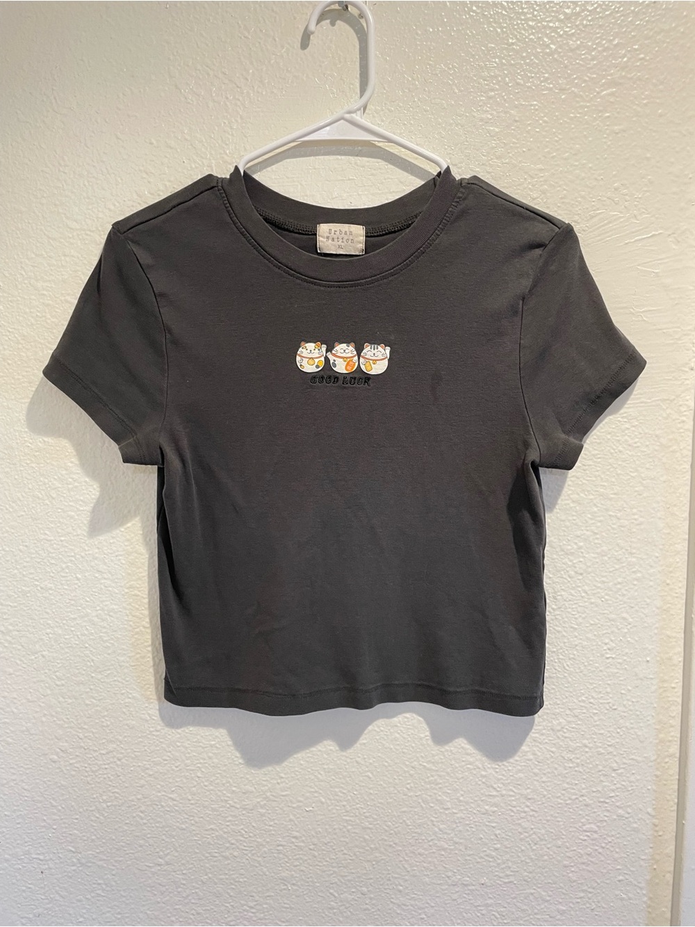 🐱 Urban Nation Lucky Cat Embroidered Cropped Baby Tee • XL ✨